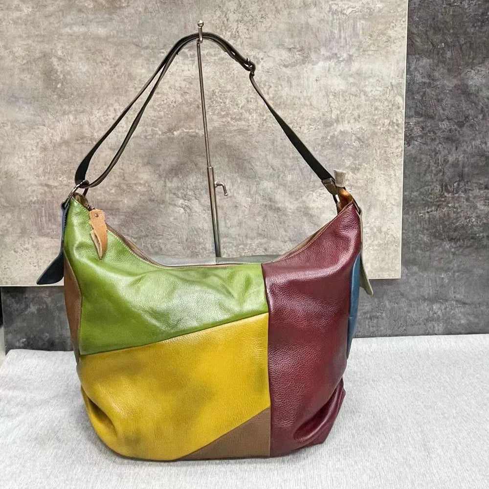 Oversized Genuine Leather Patchwork Vintage Hobo Shoulder Bag