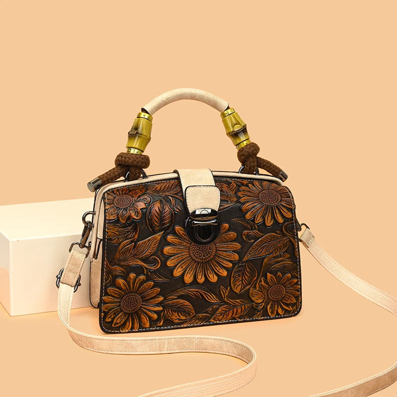 Vintage Embossed Handmade Handbags Top Quality PU Leather Tote