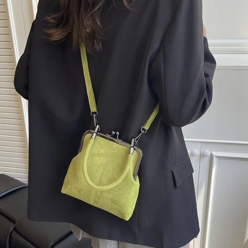 Large Capacity Retro Frosted Handbag Kiss Lock PU Leather Crossbody Clip Closure