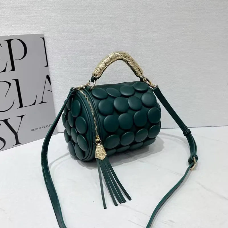 Retro Button Design Leather Handbag Luxury Round Tube Bucket Bag