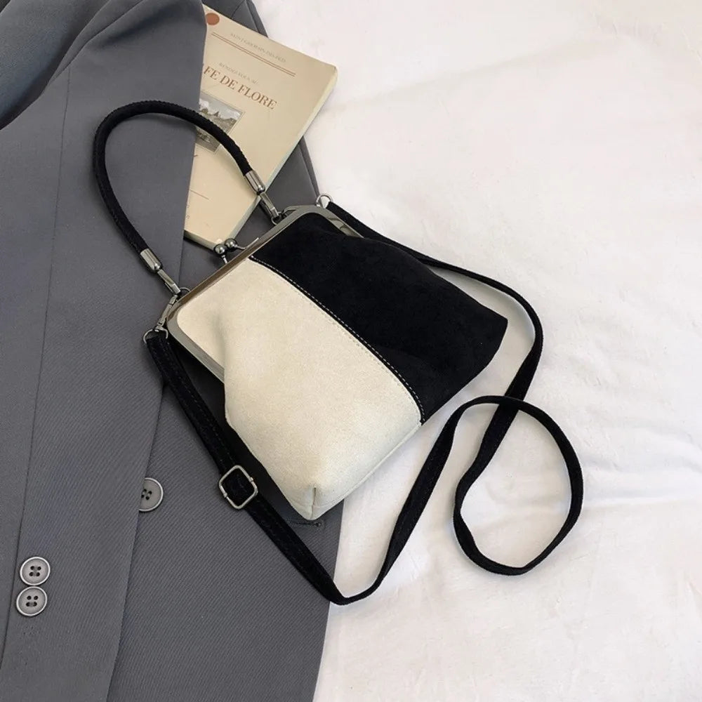 Large Capacity Retro Frosted Handbag Kiss Lock PU Leather Crossbody Clip Closure