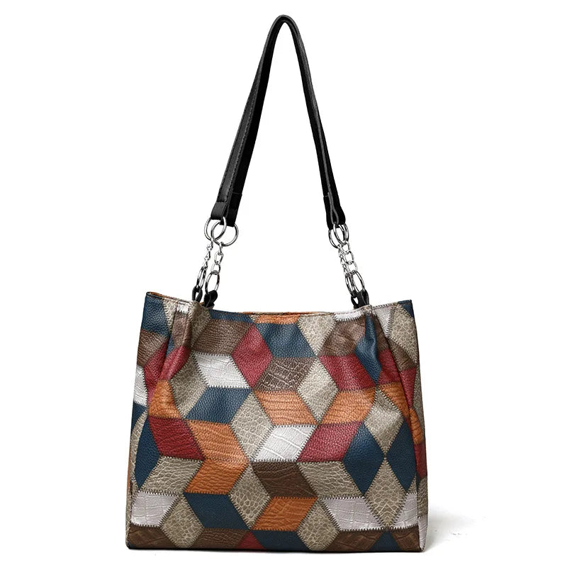 Fashion Contrast Color Large Capacity Female Tote Bag PU Leather Shoulder Bag