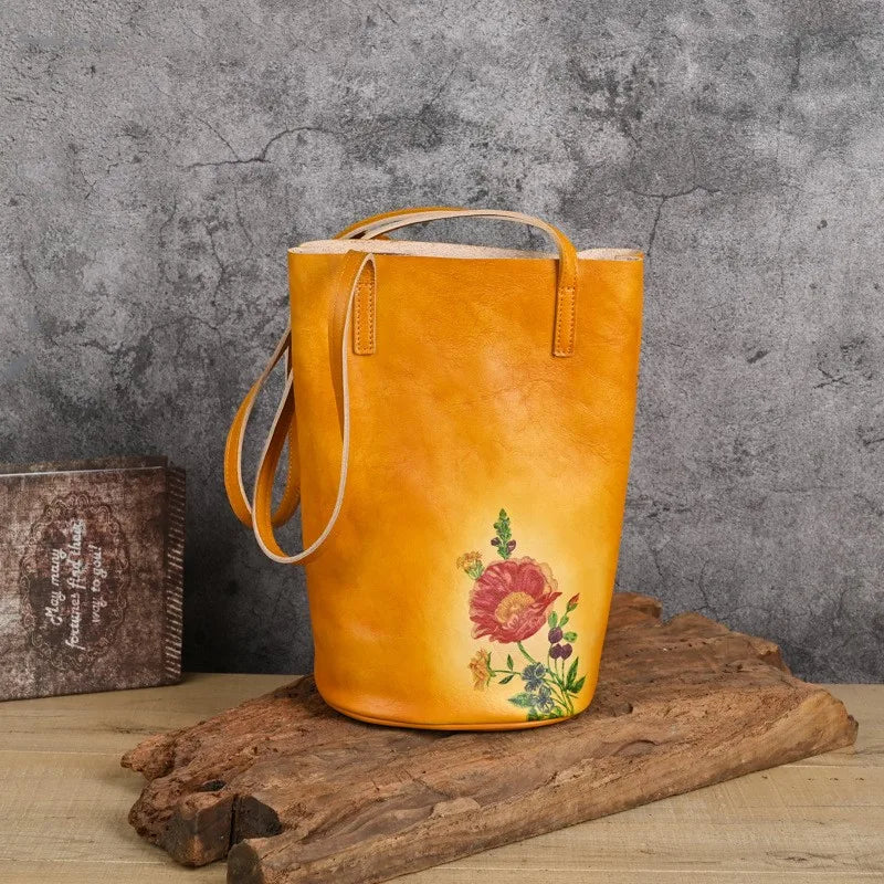 Retro Real Cowhide Hand-Printed Natural Genuine Leather Leisure Large Capacity