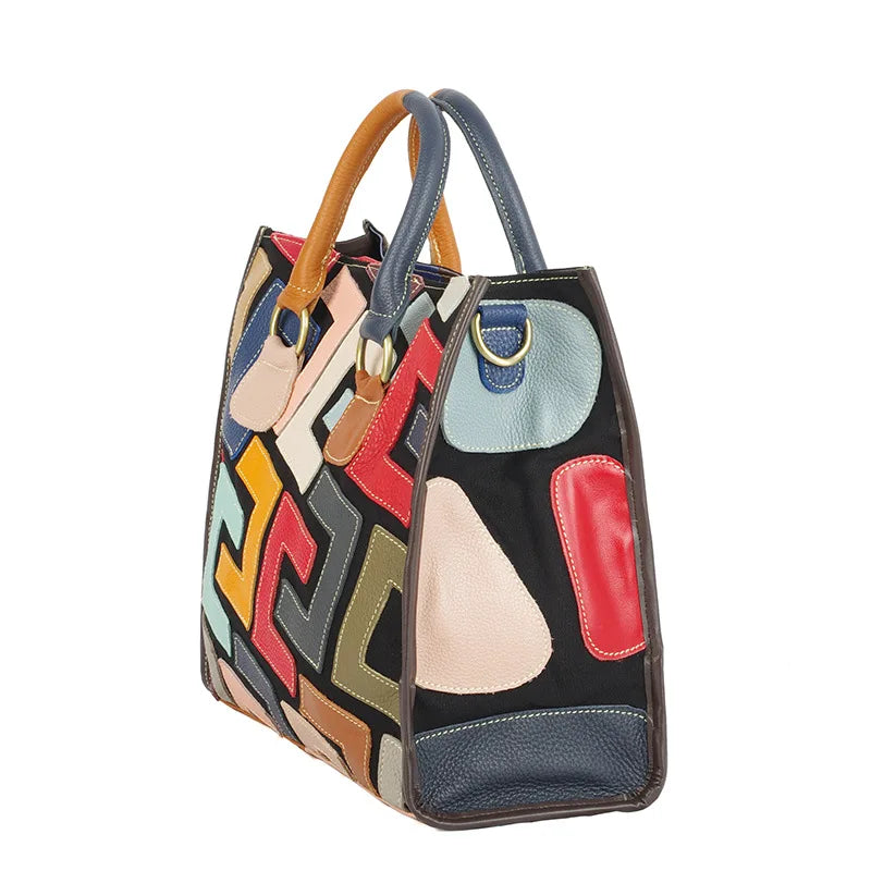 Genuine leather women's bag beautiful style color contrasting design large capacity tote bag