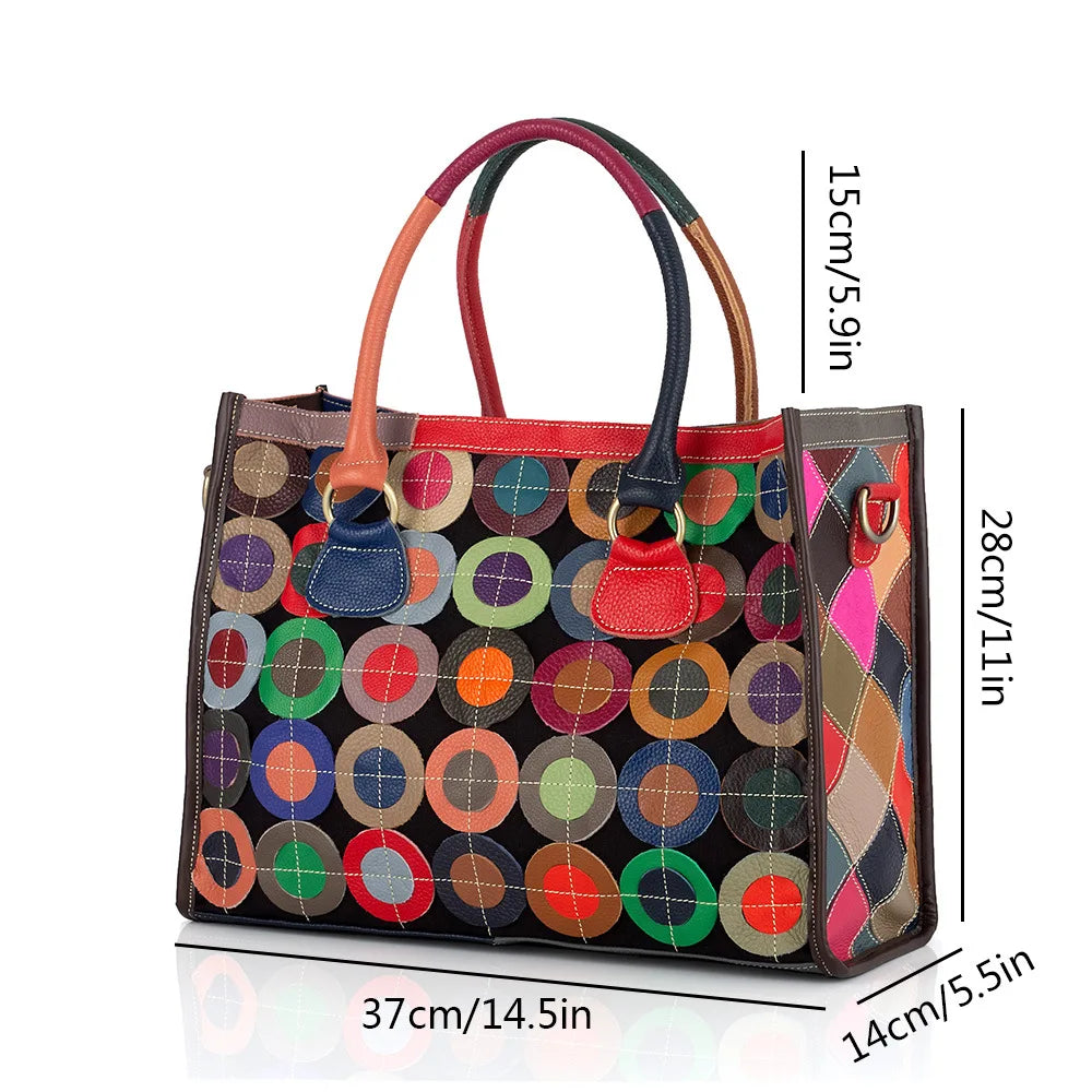 Genuine leather women's bag beautiful style color contrasting design large capacity tote bag