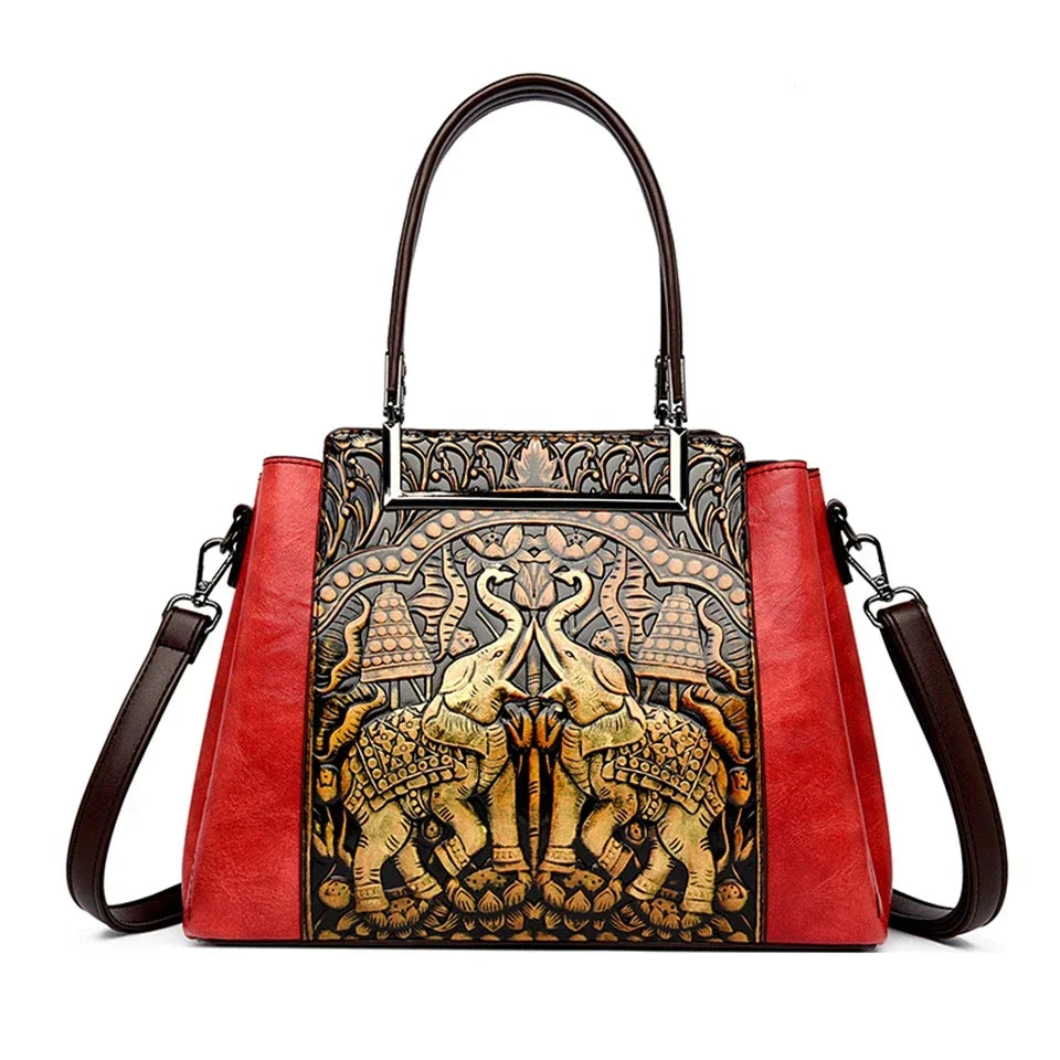 Vintage Embossed Handmade Handbag Versatile PU Leather Bag Large Capacity