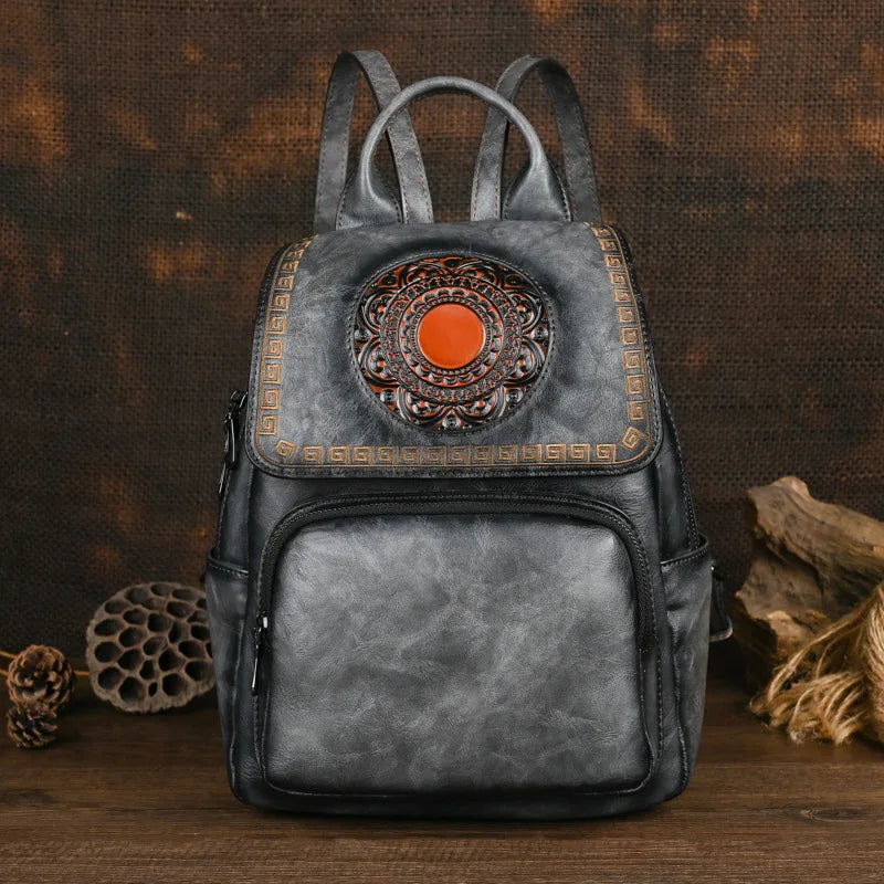 Vintage Handmade Leather Backpack Embossed Large Capacity Bag