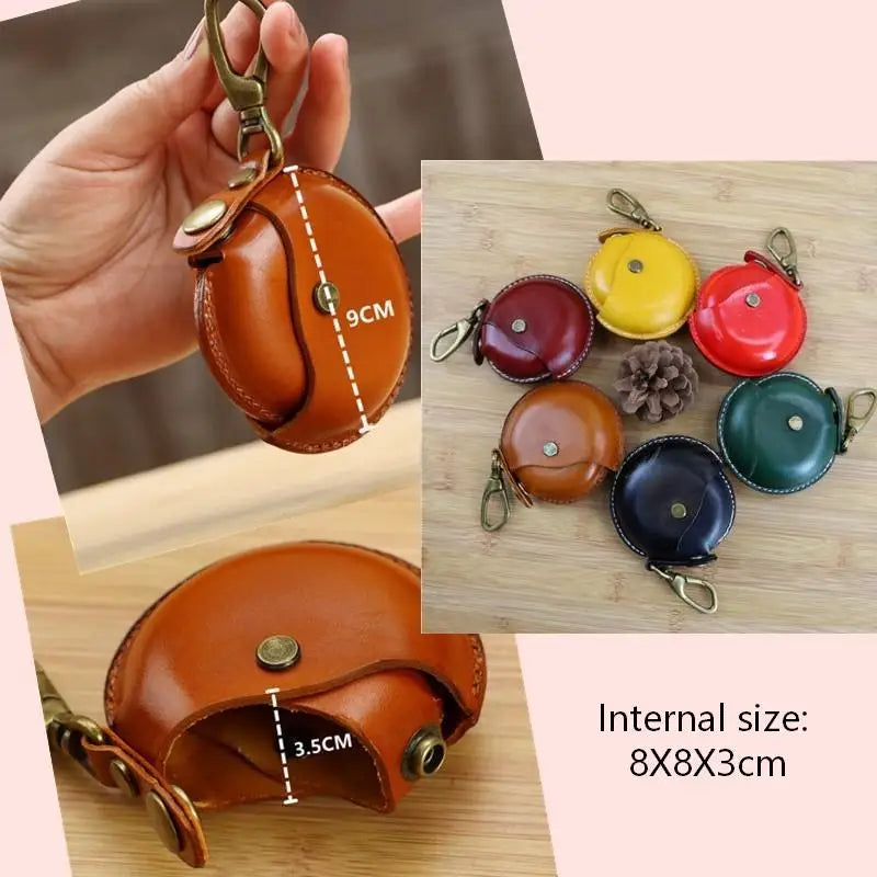 Handcrafted genuine leather small round Bluetooth earphone bag
