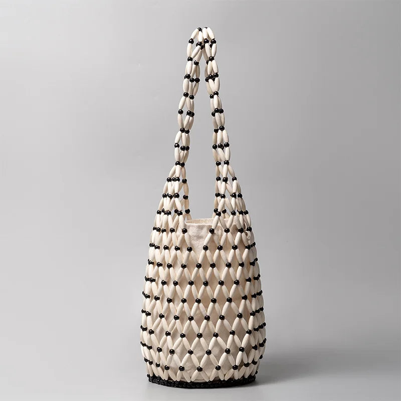 Handmade Beaded Shoulder Bag Hollow-out Wooden Bead Tote Woven Bag Bucket Bag