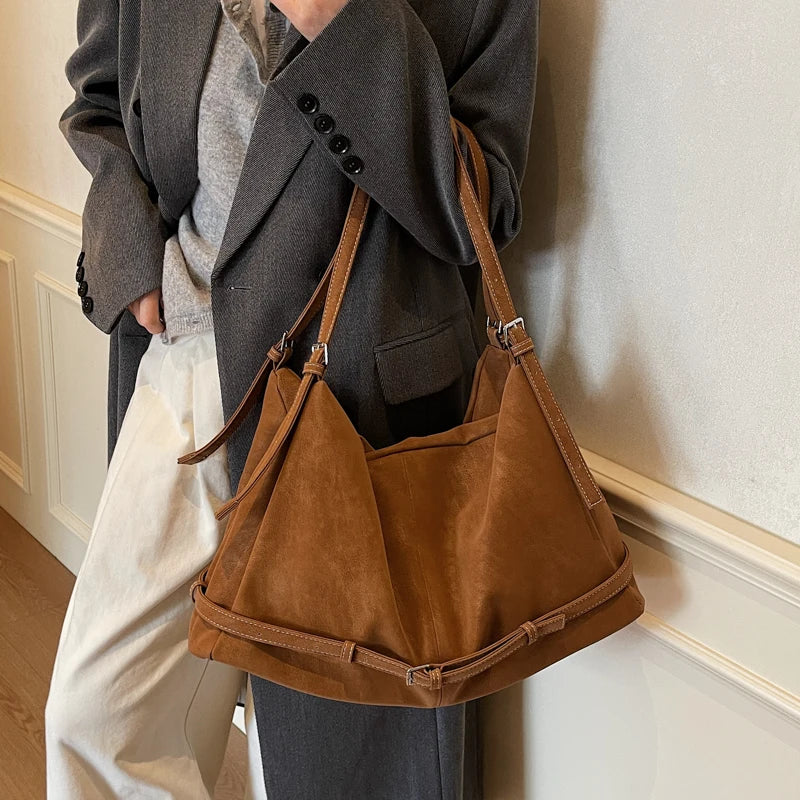 Retro Suede Tote Bag Large Capacity Shoulder Bag Trendy Metal Buckle Strap