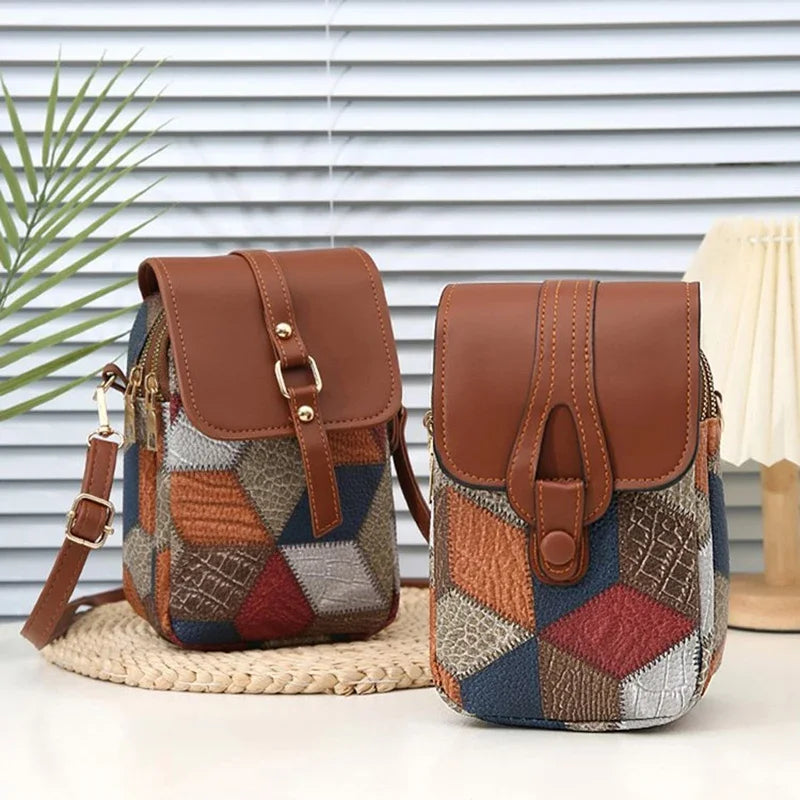 Retro Contrasting Color Multi-layer Small Crossbody Bag Diamond Splicing Phone Bag