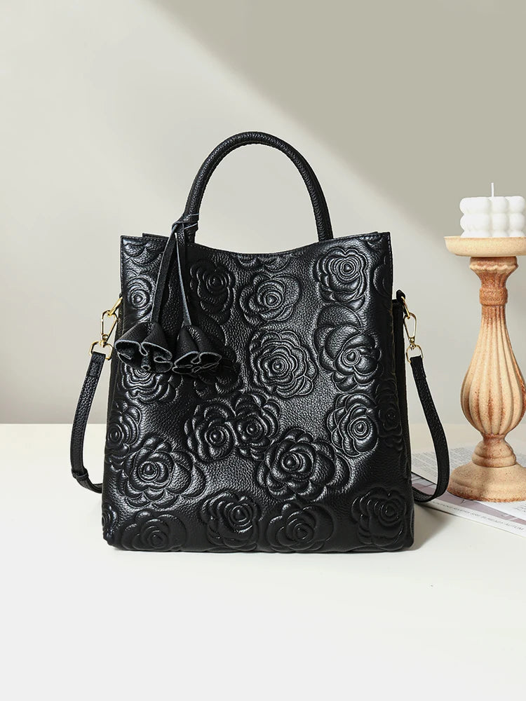 Genuine Leather Handbag Large Capacity Tote Crossbody Bag Rose Pattern Sac