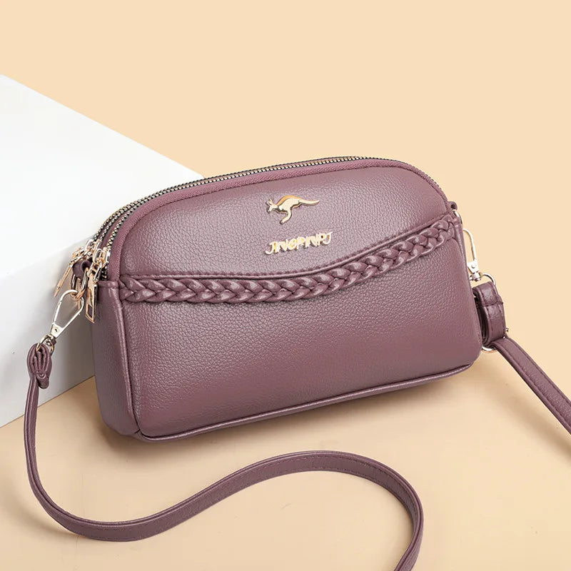 Chic Pu Leather Crossbody Bag Three Layer Zipper Stylish Braid Detail Phone Bag
