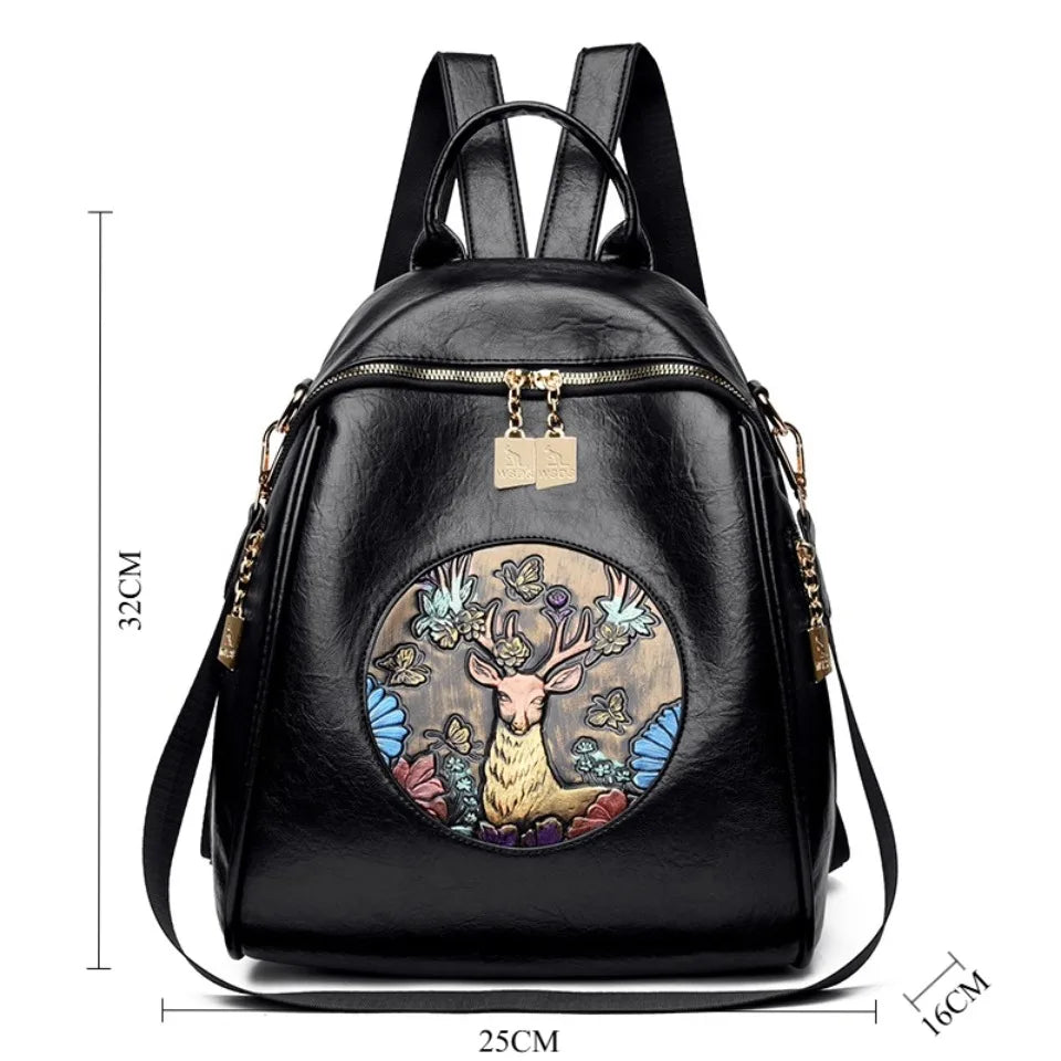 Vintage Deer Embossed Soft Leather Backpack Casual Large Capacity Rucksack