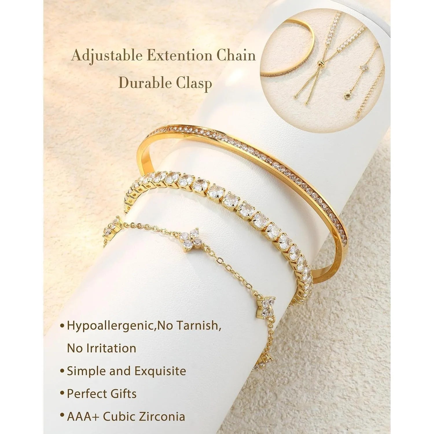 3PC Stackable Set Adjustable 14K Gold-Plated Tennis Bracelets