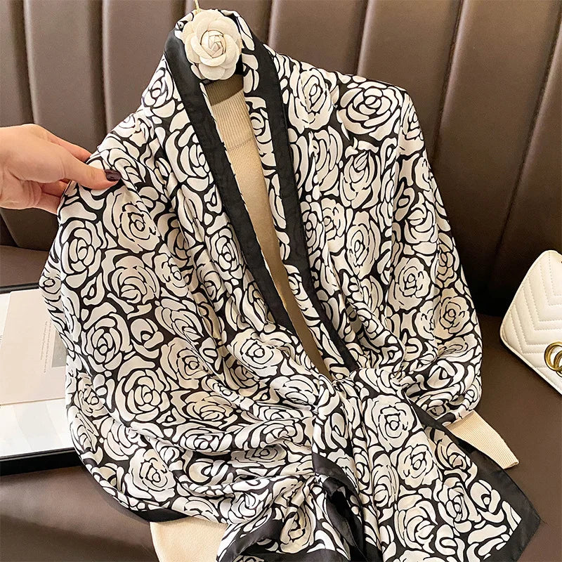 180*90cm Large Silk Satin Scarf Hijab Women Print Shawl