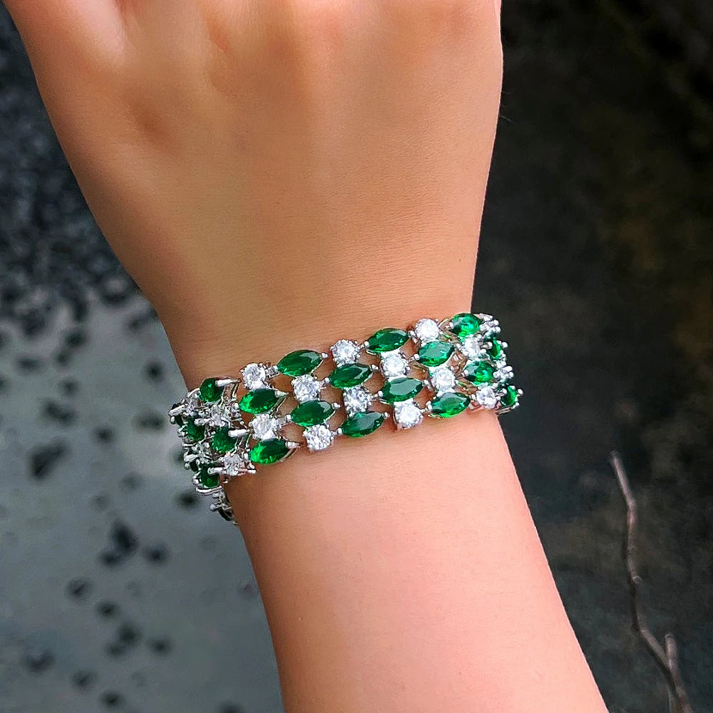 Luxury Green Zirconia Wide Fashion Bracelet for Women Fashion Evening Jewelry