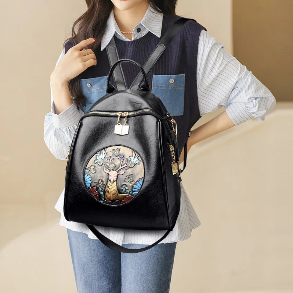 Vintage Deer Embossed Soft Leather Backpack Casual Large Capacity Rucksack