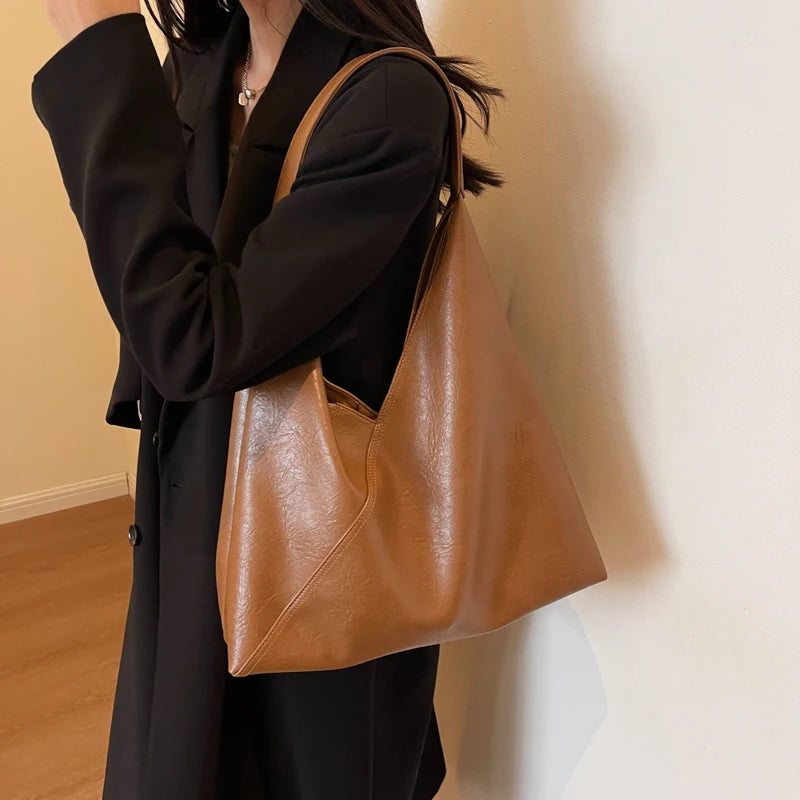 Retro Design Shoulder Bag Soft PU Leather Large Capacity Tote