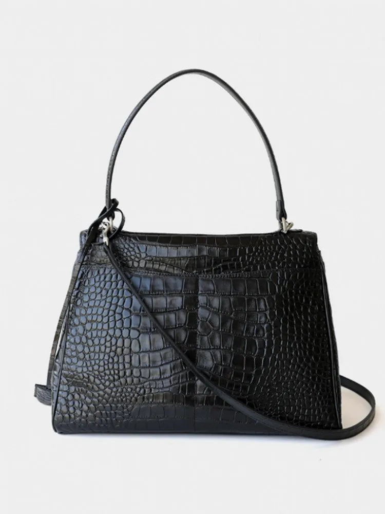 Fashion Crocodile Pattern Cow Split Leather Work Satchel Bag