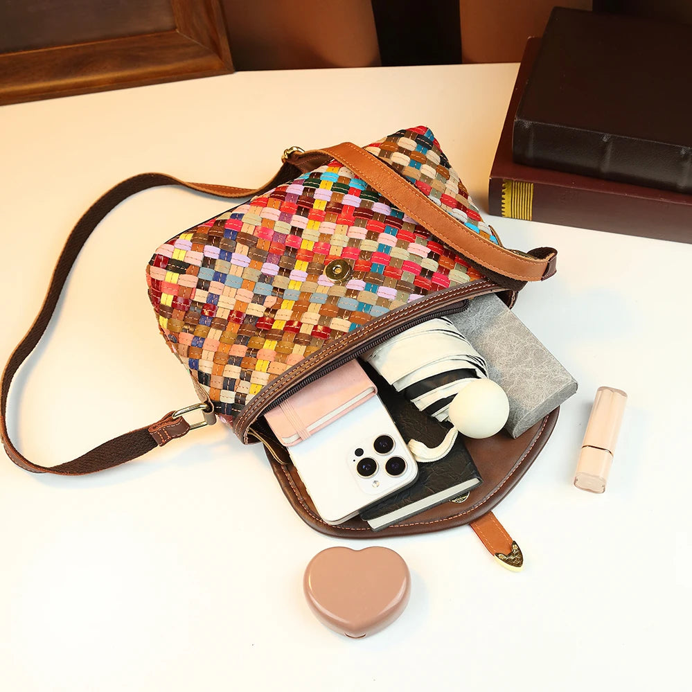 Crossbody bag rainbow hand woven genuine leather bag