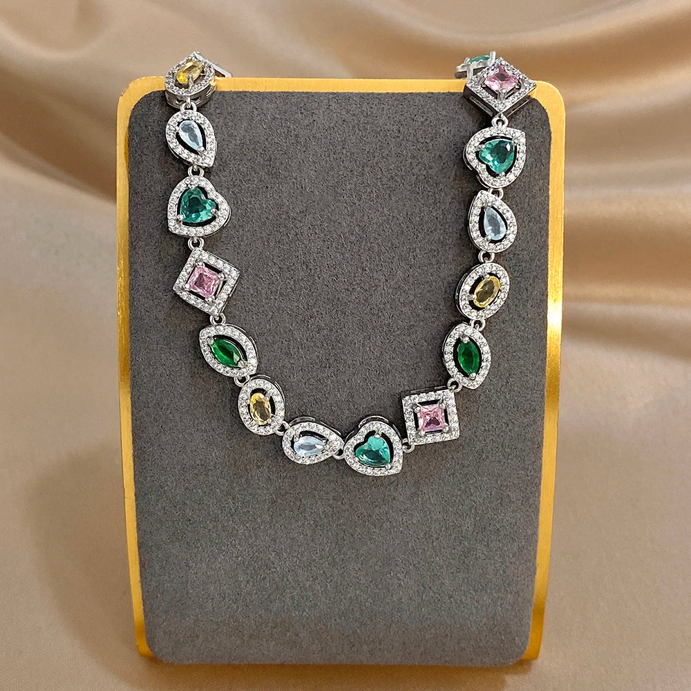 Colorful Rhinestone Chain Bracelet Sliver Color Multiple Geometry Shape Design Bangle