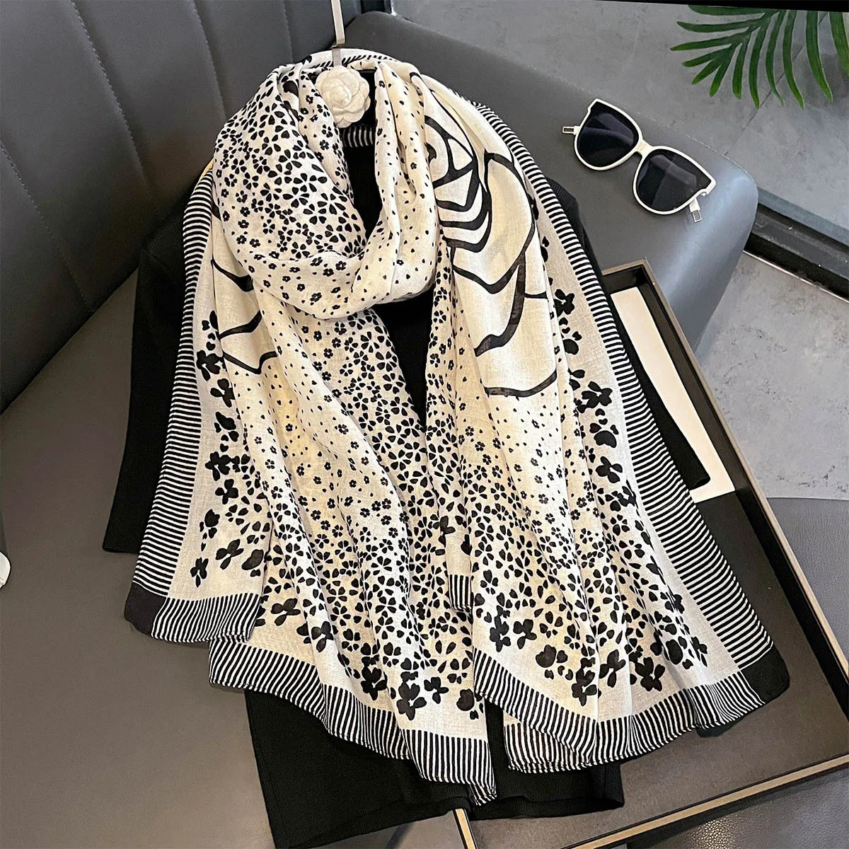 Season's Thin Sun-protective Cotton Linen Scarf Rose Print Silk Scarves Fashion