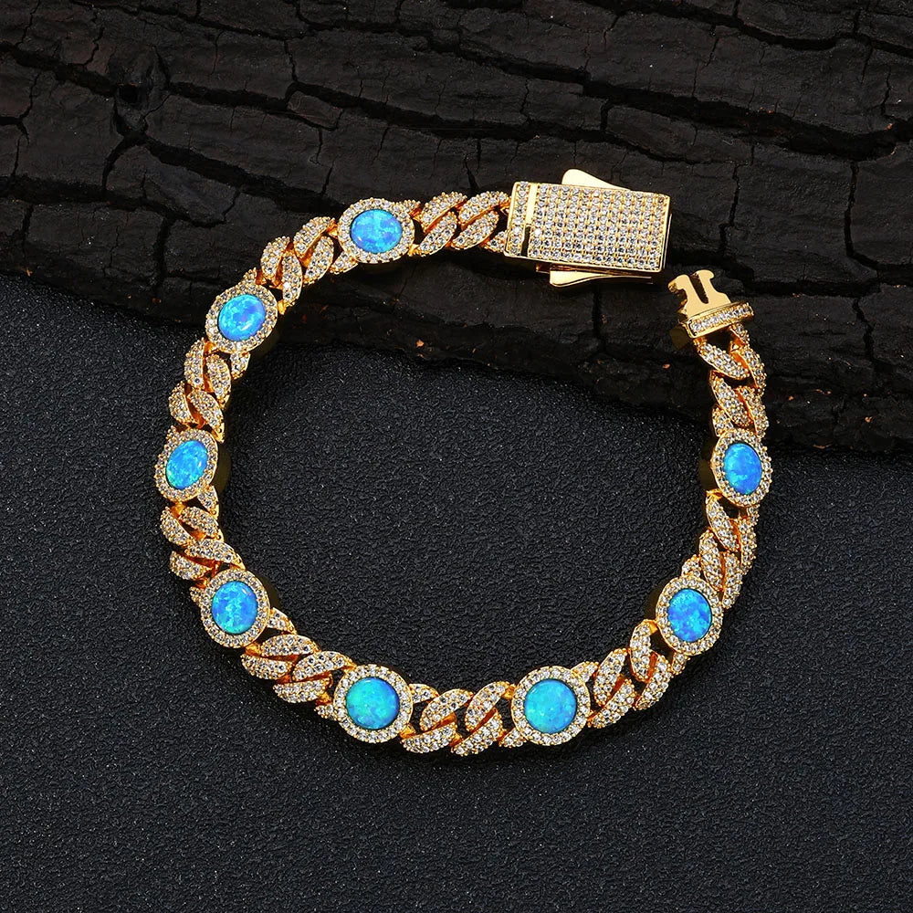 18k Gold Plated Cubic Zircon Bracelet Jewelry Iced Out Big Blue Opal Chain Bracelet