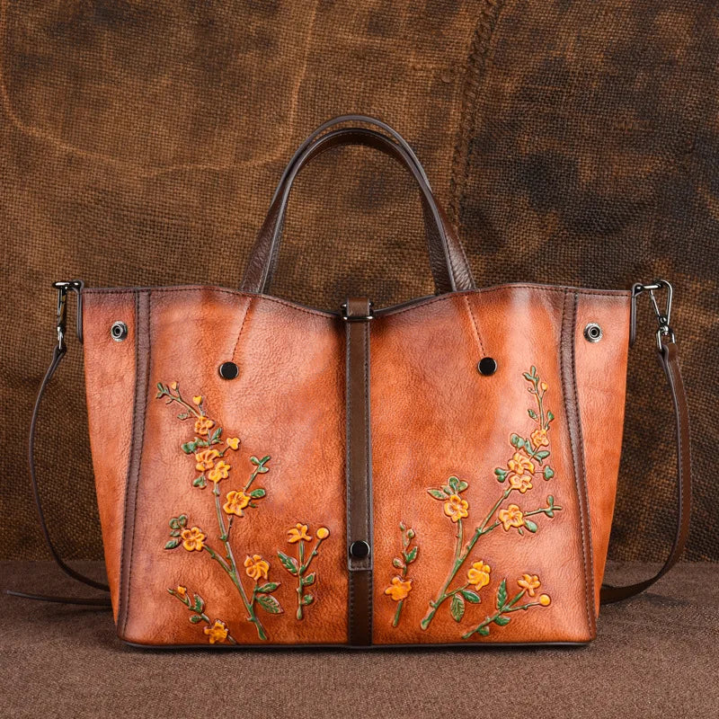 Genuine Leather Retro Embossed Women Crossbody Handbag