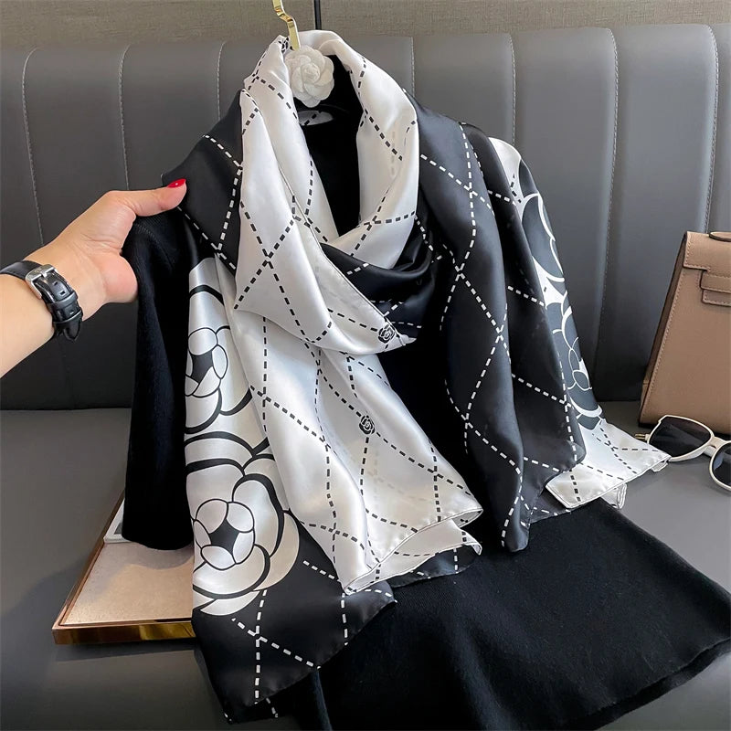 180*90cm Large Silk Satin Scarf Hijab Women Print Shawl