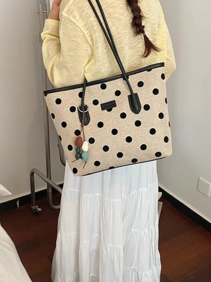 Big Polka Dot Woven Canvas Spliced PU Large Tote Bag