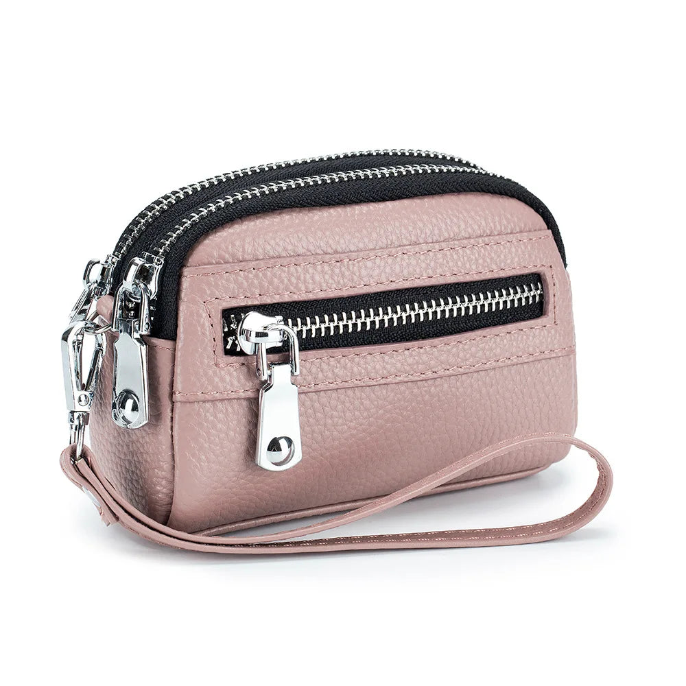 Genuine Leather Women Mini Wallet Double Zipper Coin Purse