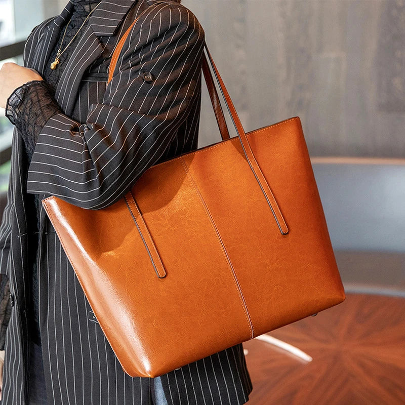 Cowhide Genuine Leather Large Tote Bags Luxury Design Commuter Shoulder Bag