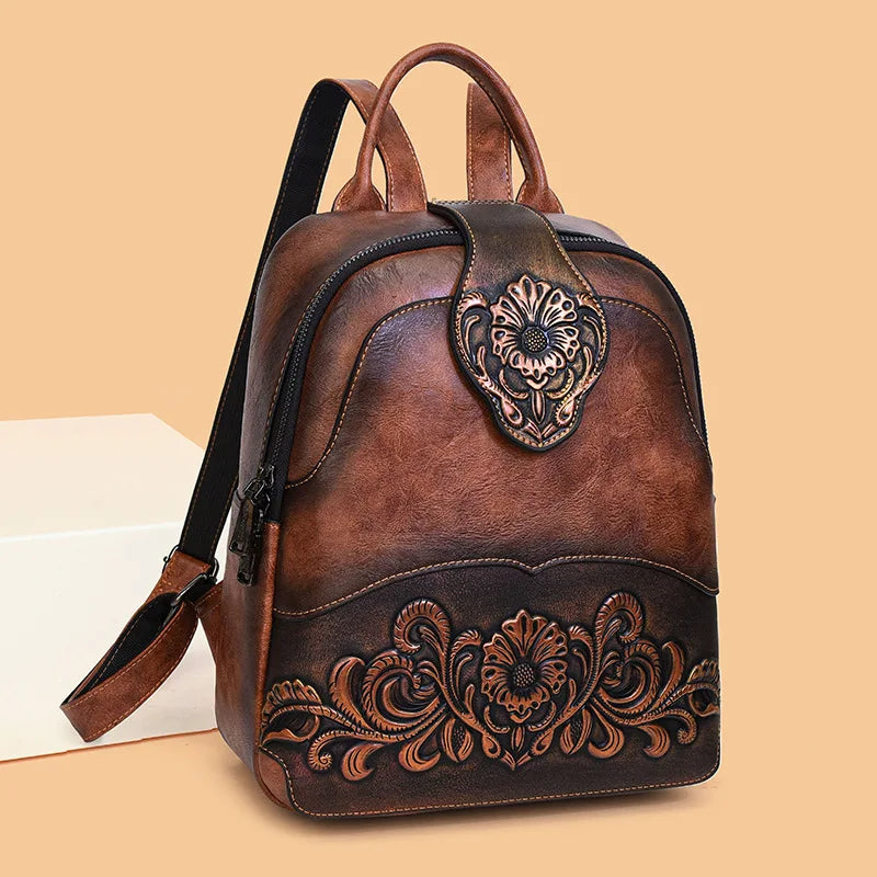 Vintage Embossing Women Backpacks Large Capacity Print Patchwork Travel Backpack