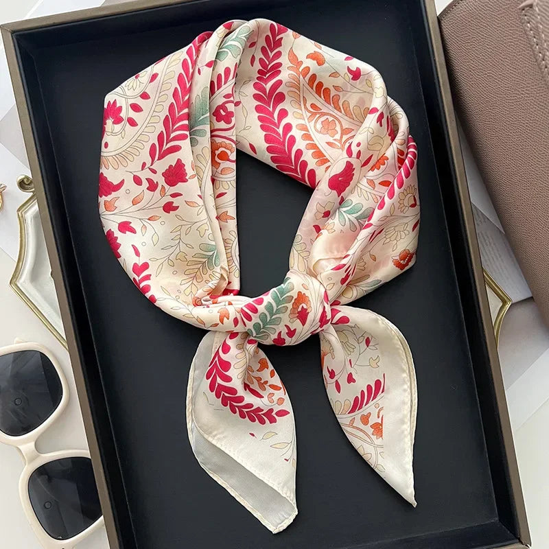Square Scarf Women Luxury Floral Print Soft Satin Kerchief Hairband Neckerchief