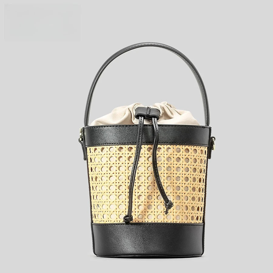 Fashionable Rattan Small Crossbody Handbag Leather Trim
