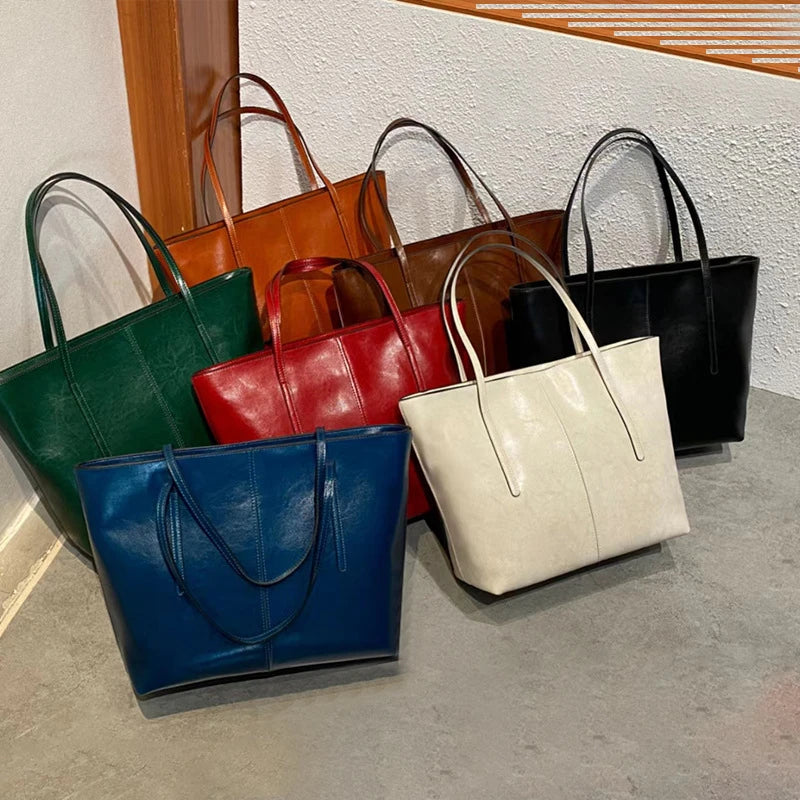Cowhide Genuine Leather Large Tote Bags Luxury Design Commuter Shoulder Bag