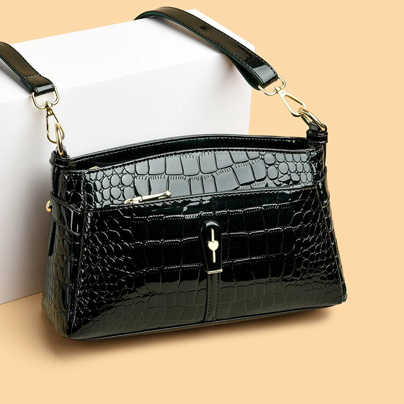 Luxury Patent Leather Handbag Crocodile Pattern Fashion