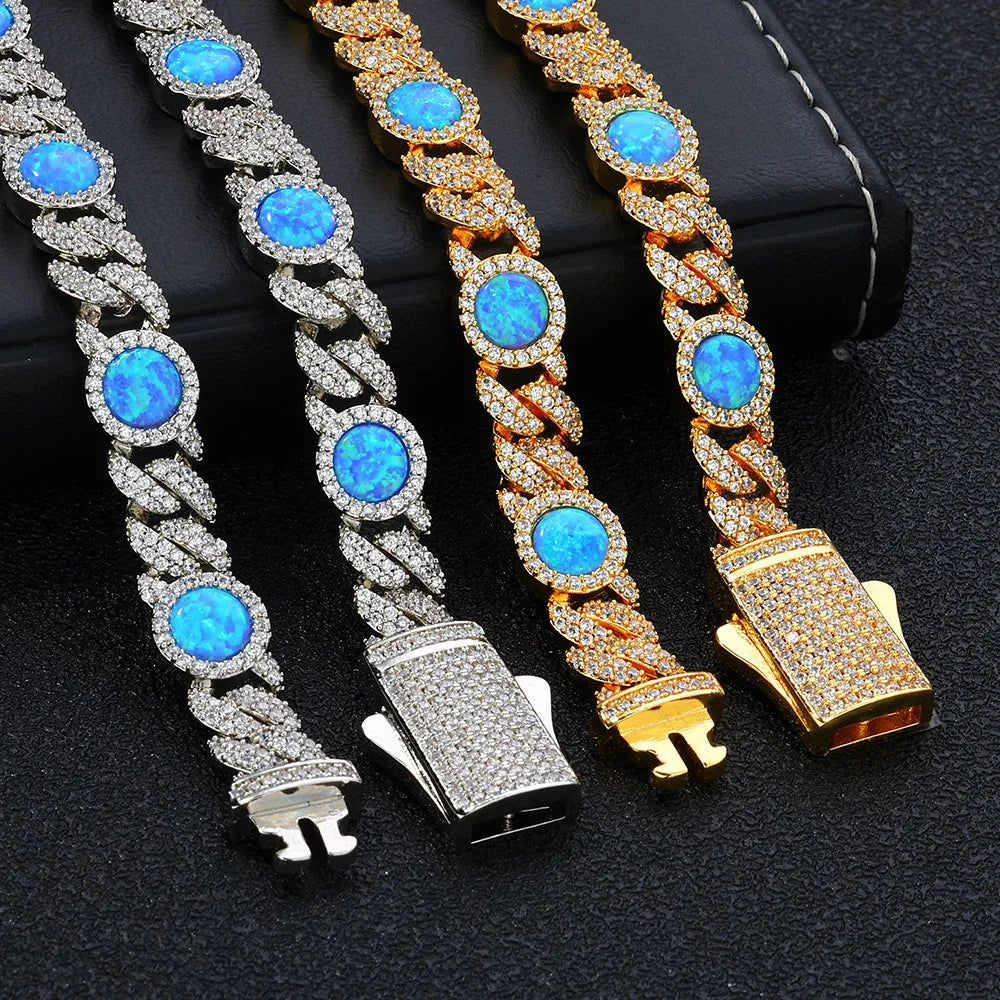 18k Gold Plated Cubic Zircon Bracelet Jewelry Iced Out Big Blue Opal Chain Bracelet