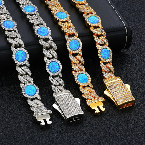 18k Gold Plated Cubic Zircon Bracelet Jewelry Iced Out Big Blue Opal Chain Bracelet
