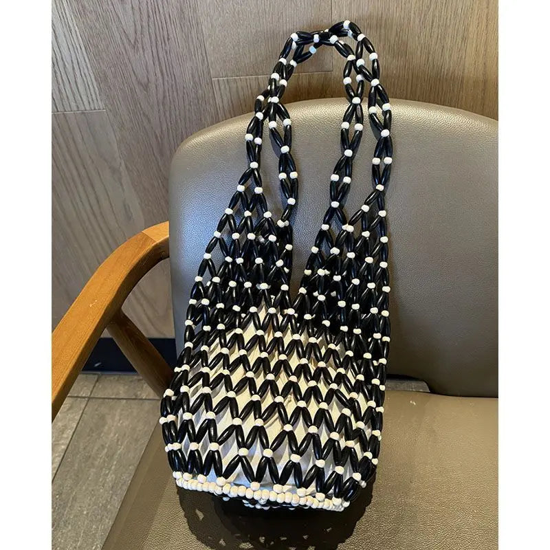 Handmade Beaded Shoulder Bag Hollow-out Wooden Bead Tote Woven Bag Bucket Bag