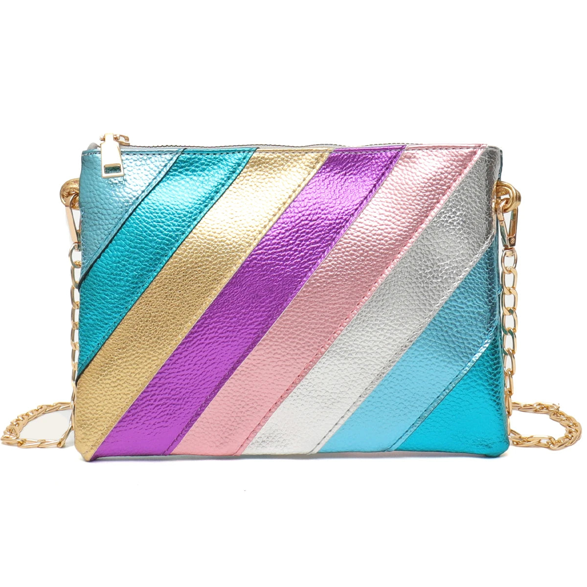 Metallic Color Stripes PU Leather Handbag Women's Square Clutch