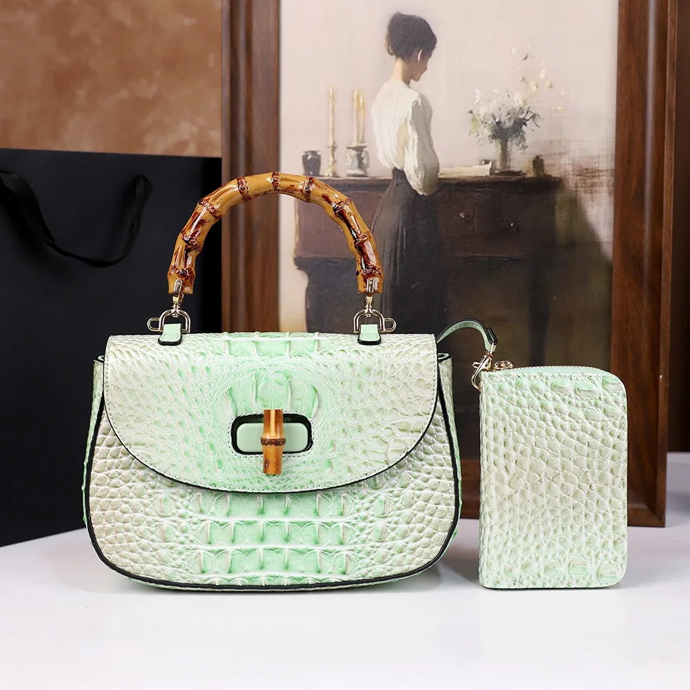 Crocodile Leather Bag Fashion Bamboo Crossbody Handbag