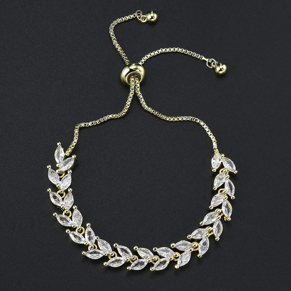 Cubic Zirconia Leaves Bracelet Bangle Adjustable Luxury