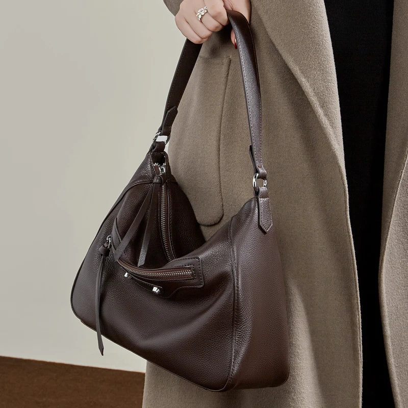 Retro Genuine Leather Underarm Shoulder Bag Luxury Design Solid Color Hobo