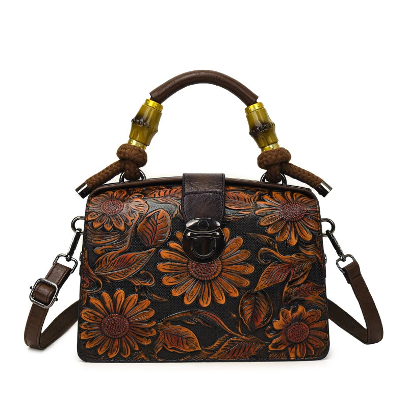 Vintage Embossed Handmade Handbags Top Quality PU Leather Tote