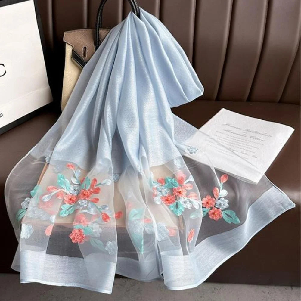 Elegant floral embroidered silk scarf for women stylish sunscreen beach shaw