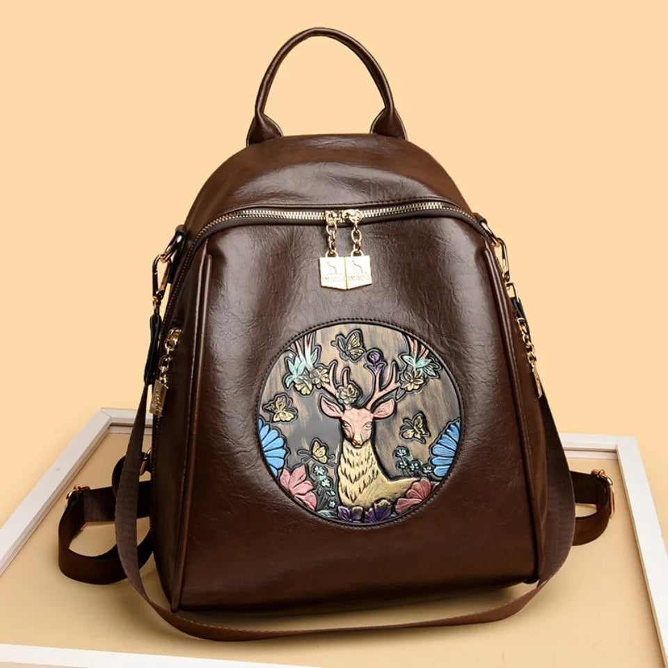 Vintage Deer Embossed Soft Leather Backpack Casual Large Capacity Rucksack