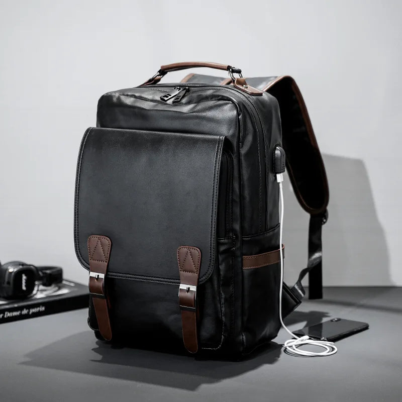 Retro Men's Backpack Soft Leather Fashion Large Capacity Laptop Backpack