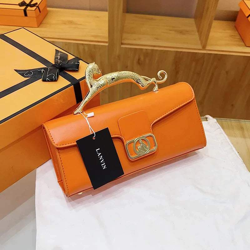Women's Handbag Metal Handle Leather Trendy Design Crossbody Fashion Bag